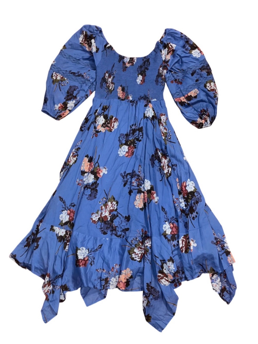 Free People Blue Long Maxi Floral Dress Boho Big Sleeves Smocked Small NWT